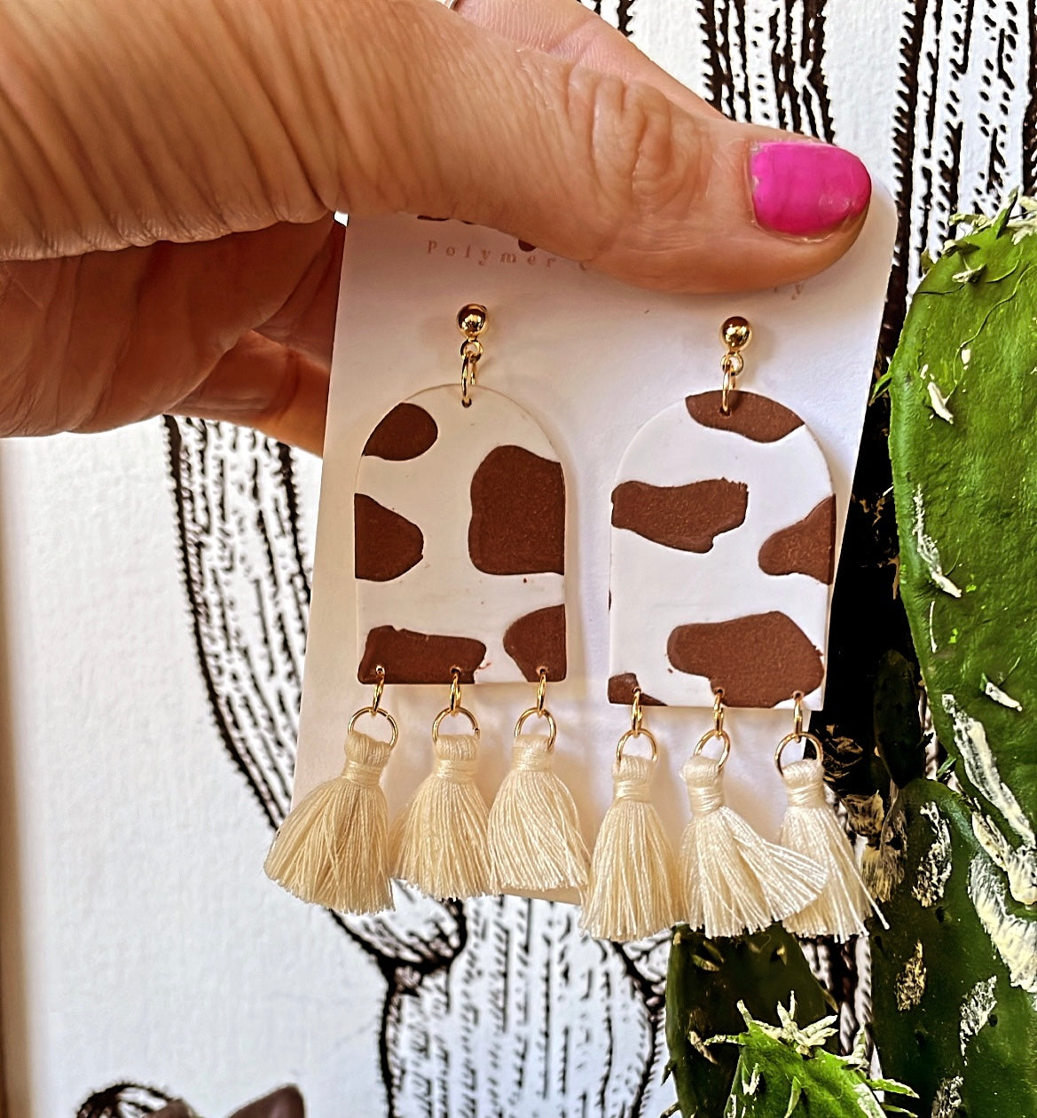 Cow Print Tassel Clay Earrings