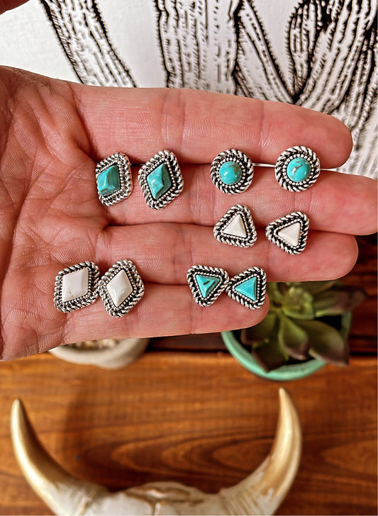 Turquoise and White Stone Stud Earrings