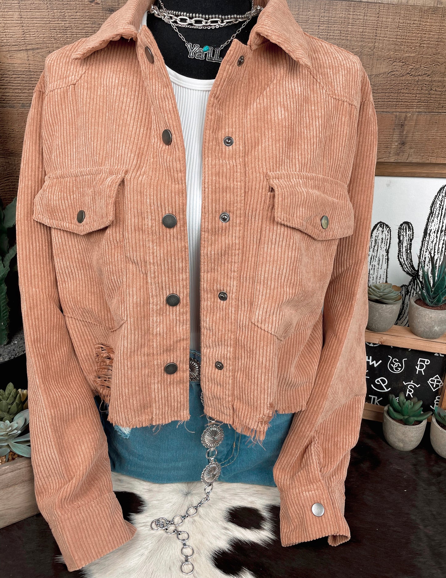 Corduroy Distressed Hem Crop Shacket