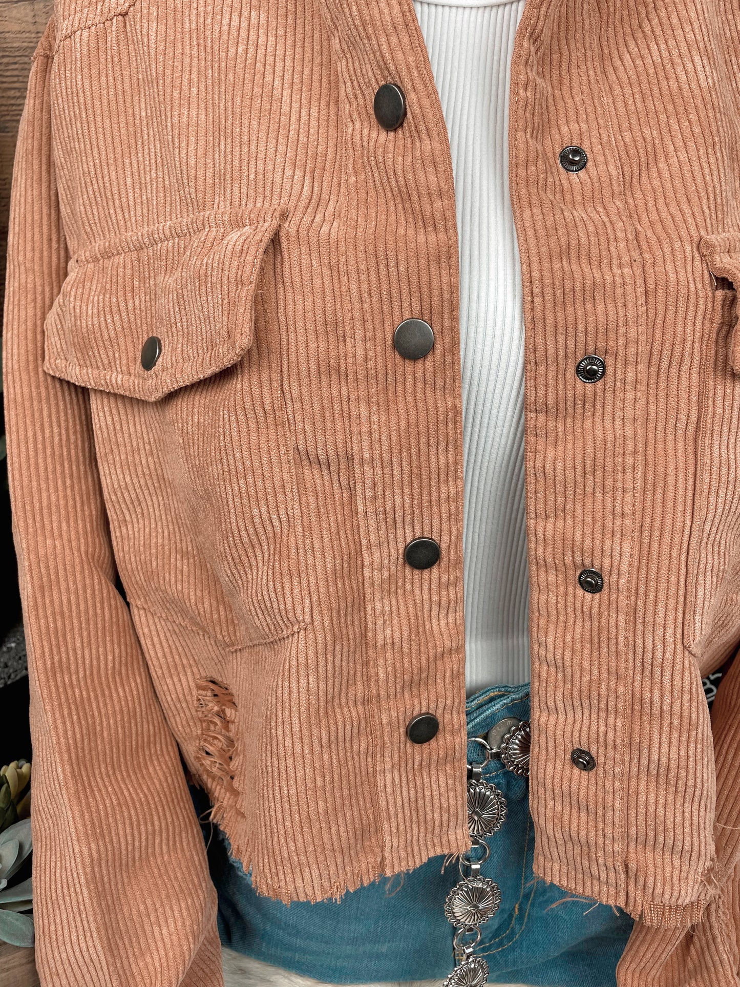 Corduroy Distressed Hem Crop Shacket