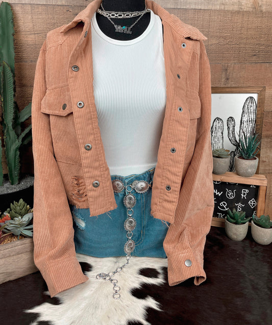 Corduroy Distressed Hem Crop Shacket