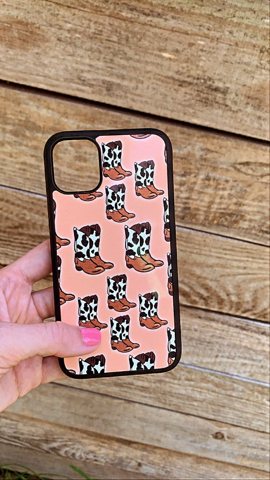 PINK COW PRINT BOOTS PHONE CASE